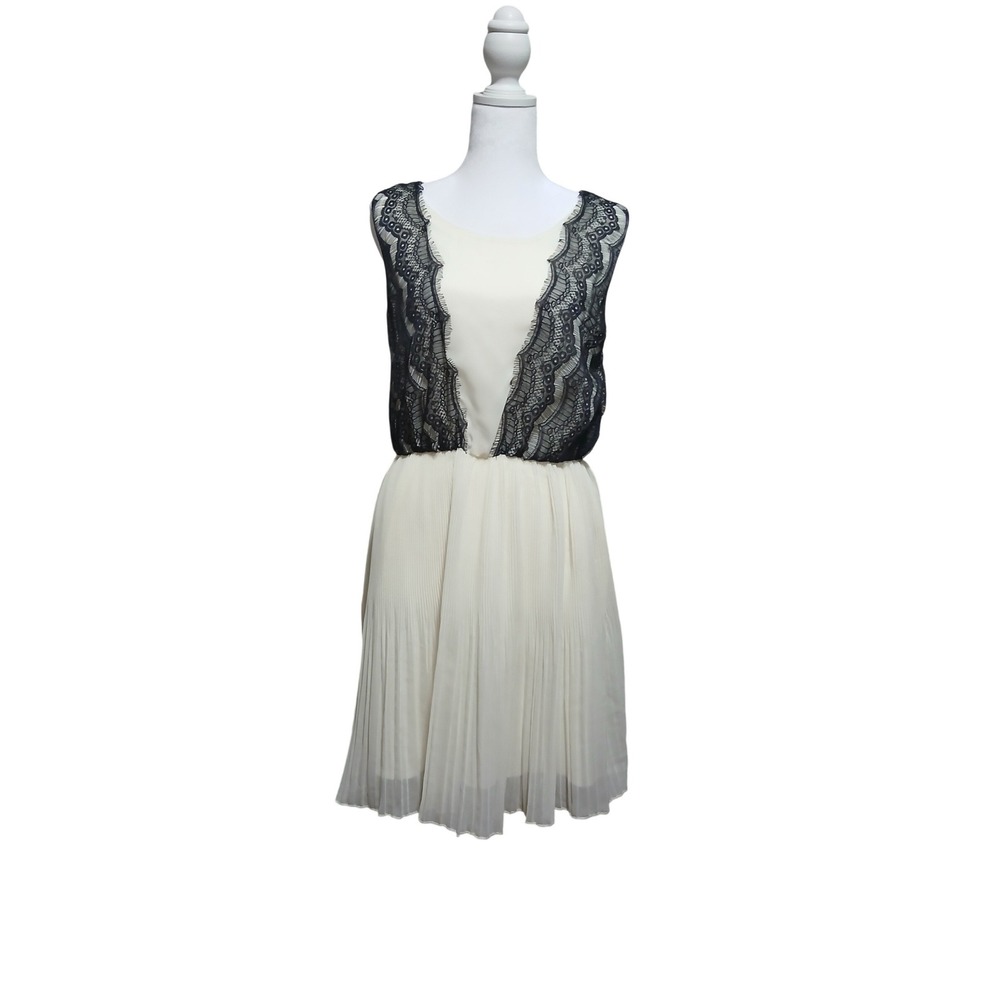 Rare London Cream Black Lace Pleated Cutout Back Cocktail Dress‎ Womens US 10 XL